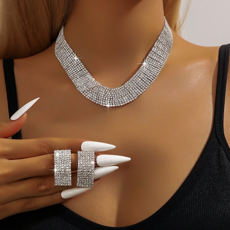 Source Fashion Claw Chain Ring Rhinestone Necklace Earrings Suit Dinner Dress Clavicle Chain Necklace Women - Image 1